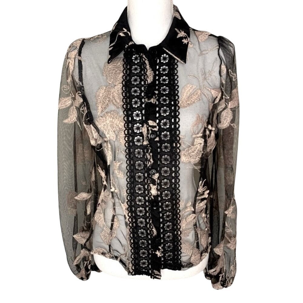Peach Mesh Embroidered Floral Boho Top Blouse Size Large Black/Creme